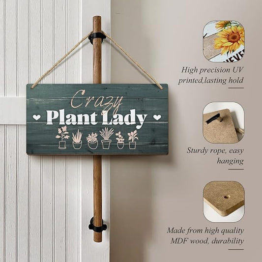 Heuhuww Plant Lover Gifts,Crazy Plant Lady Wood Sign 6x12 Inch Funny Garden Gift,Garden Door Decor,Plant Lady Hanging Gardening Signs for Plant Mom Plant Lovers