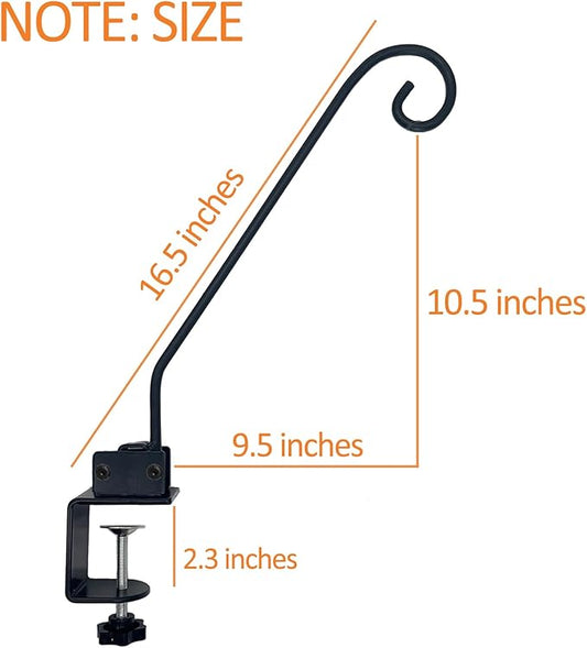Heavy Duty Deck Hook,Courtyard Decoration,Pole 16.5”Long Metal Deck Railing Hooks for Hanging Bird Feeders,Planters,Suet Baskets,Lanterns,Wind Chimes,Clamp Mounted,Under 18 LBS
