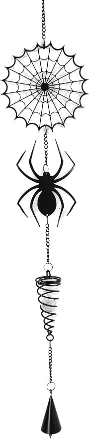 Ebros Gift Arachnid Spider Web Cobweb Black Coated Steel Metal Wall Hanging Wind Chime with Beads Home and Patio Decor Gothic Halloween Macabre Spiders Webs Mobile Noisemaker