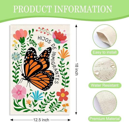 Hijos De Inmigrantes Garden Flag, 12 x 18 Inch Double Sided Political Yard Sign, Funny Monarch Butterfly Decor Flag for Outside Garden Yard, Immigrant Pride Gifts for Social Justice Supporter