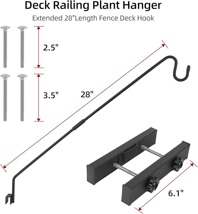 Deck Hook Railing Mount - Heavy Duty Metal Shepherds Hook Bracket for Outdoor Plant Hanger, Bird Feeder Hanger, Plant Hooks, Flower Baskets, Lanterns - 360° Rotating Pole, Extended Arm