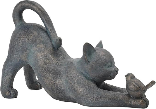 Cat Garden Statues Outdoor Cat-Figurines - Home Garden Decor 16 x 6 x 9.5 inch Resin Cats & Bird Playing Sculpture Statue for Farmhouse Outside Backyard Lawn Gift for Kitten Lovers Newman House Studio