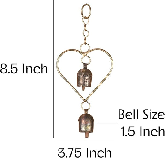 Rustic Metal Heart Bell Wind Chime – Heart-Shaped Decorative Bell with Antique Brass Finish – Hanging Indoor Outdoor Farmhouse Decor – Valentine's Gift or Garden Accent 8.5 x 3.75 Inch