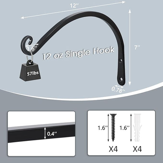 Gtongoko 2 Pack 12 Inch Plant Hangers Outdoor Metal, Plant Hooks for Wall Indoor, Outdoor Hooks for Hanging Bird Feeders, Plant Bracket, Lanterns, Wind Chinme, Black