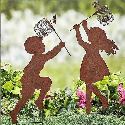 Butterfly Girl Silhouette Sculpture,Shadow Art Garden Figurines, Metal Garden Fence Stake for Lawn Outdoor Patio Home Decor (E)