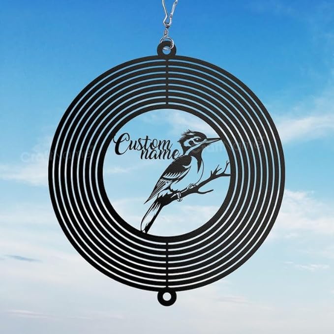 Personalized Woodpecker Metal Wind Spinner, Custom Hanging Artwork for Outdoor Decor, Kinetic Yard Ornament, Bird Lover Gift (Woodpecker Garden Wind Spinner)