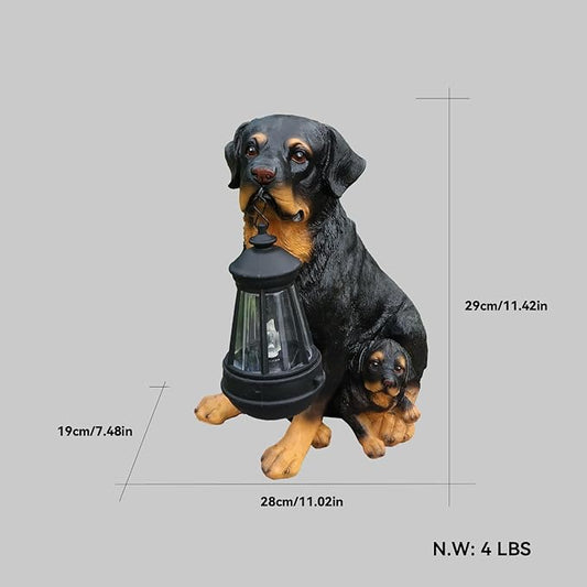 Rottweiler Dog Garden Statue with Solar Lantern & A Double-Sided Sign (Welcome/On Patrol), 11.4" Outdoor Resin Puppy Sculpture Yard Art Decor for Patio Lawn Porch, Dog Lover Gift