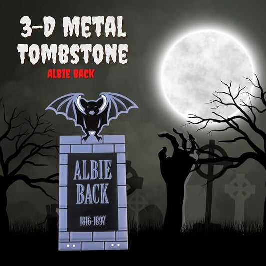 SCS Direct 3-D Metal Halloween Ghost Cemetery XL 17" Tombstone w Stakes -Albie Back- Durable, Rustproof, UV Raised Printing-Upgrade Your Haunted House Mansion w Cemetary Lawn Decor