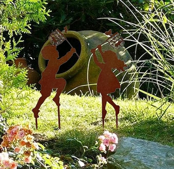 Butterfly Girl Silhouette Sculpture,Shadow Art Garden Figurines, Metal Garden Fence Stake for Lawn Outdoor Patio Home Decor (E)