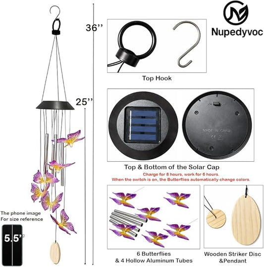 36” Butterfly Aluminum Tube Solar Light LED Wind Chime for Outside, Weather Resistant Decoration Outdoor Garden Patio Soft Tone Decor, Gift for Birthday, Mother's Day, Relaxation