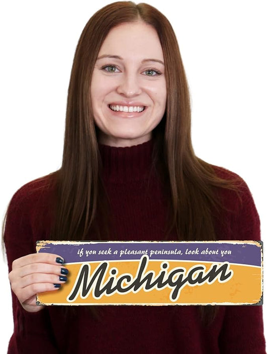 SmartSign 4 x 14 inch Michigan State Vintage Metal Sign “If You Seek A Pleasant Peninsula”, 40 mil Rustproof Aluminum with Clear Overcoat, Retro Wall Décor, Multicolor, Made in USA