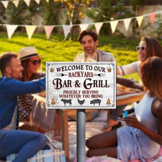 Backyard Bar and Grill Metal Signs Proudly Serving Whatever You Bring Outdoor Home Bar Wall Decor Rustic Aluminum Barbecue Sign 8 x 12 inch
