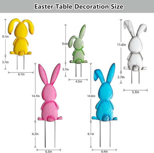 5 Pack Multicolored Easter Bunny Signs with Stakes, Metal Standing Rabbit Yard Signs for Garden Decor, Cute Bunny Tail Ornaments for Home Front Door Lawn Decorations