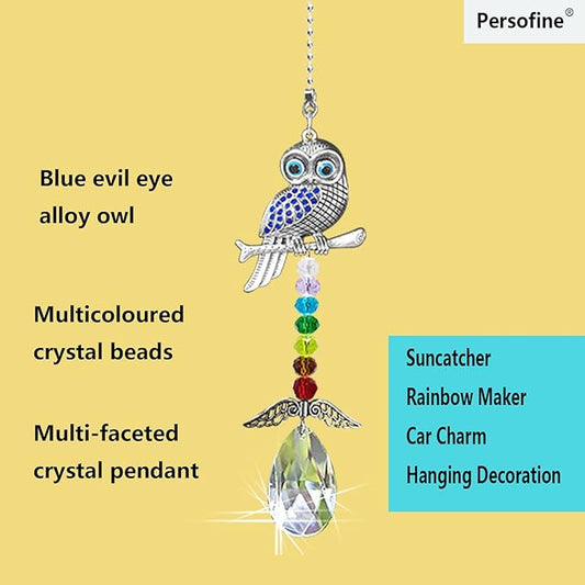 Hanging Crystal Charm Owl Suncatcher for Window and Home Decor,Blue Evil Eye Protection and Good Luck Car Charm Pendant (Owl)