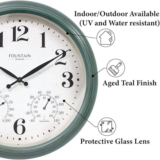 18 Inch Maison in/Outdoor Clocks Waterproof, Large Outdoor Clock Thermometer Combo, 3 in 1 Weather Stations,Aged Teal