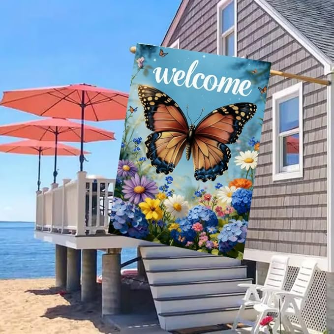 Large Spring Summer Garden Flags for Outside 28 x 40 Double Sided, Burlap Spring Summer House Flags, Seasonal Outdoor Flags Butterfly Flowers Farmhouse Yard Decorations