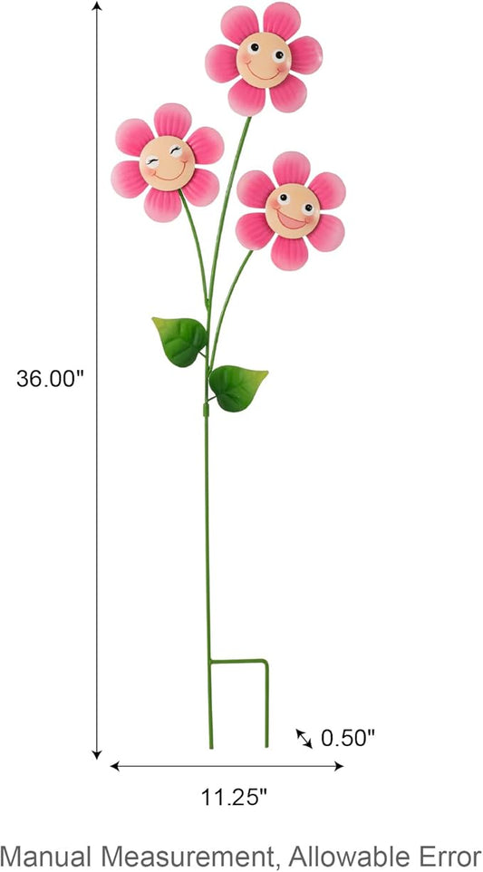 Glitzhome Happy Face Flower Yard Stake, 36”H Metal Flower Stakes with Triple Smiling Design, Iron Garden Yard Spring Decor or Wall Decor