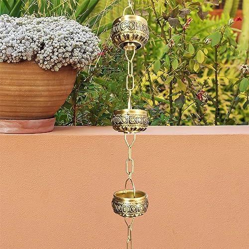 Decorative Rain Chains Waterfall, Hanging Rain Chain Aluminum, Decorative Water Catcher Copper-Plated Cup, Heavy Rain Water Chain for Outside Downspout Gutter, Garden Gift (B 1m/3.3 ft)