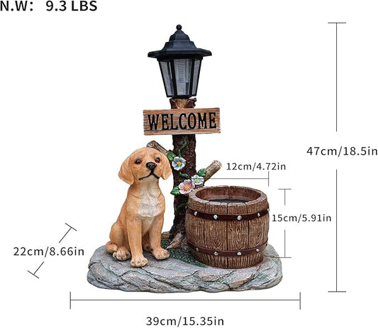 20" Solar Golden Retriever Garden Statue with Welcome Sign & Planter - Large Dog Sculpture with LED Street Lantern - Weatherproof Resin Decorative Flower Pot for Porch, Yard & Patio - Pet Lover Gift