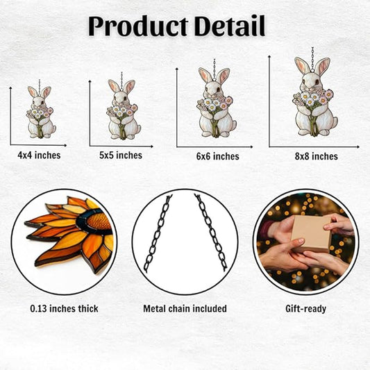 Whimsical Pastel Floral Bunny Mosaic Acrylic Suncatcher Stained Glass Effect Window Car Hanging Christmas Ornament Indoor Outdoor Decor Garden Sun Catcher Panel for Easter Lover for Women Mom Grandma