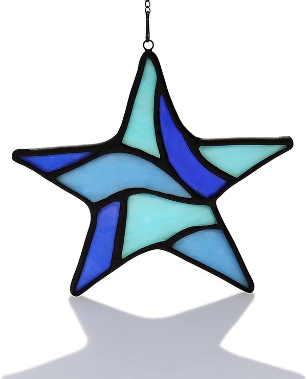 Blue Star Decoration Stained Glass Window Hanging,Glass Star Suncatcher for Living Room Bedroom Bathroom Kitchen, Birthday Gift for Boy Men Party