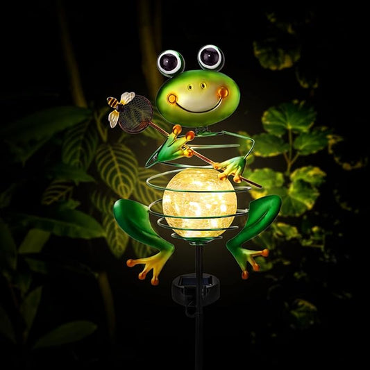 Frog Solar Garden Light - Metal Stake Light with Crackle Glass Waterproof Globe, Solar Power LED for Garden, Lawn, Patio, Pathway Decor