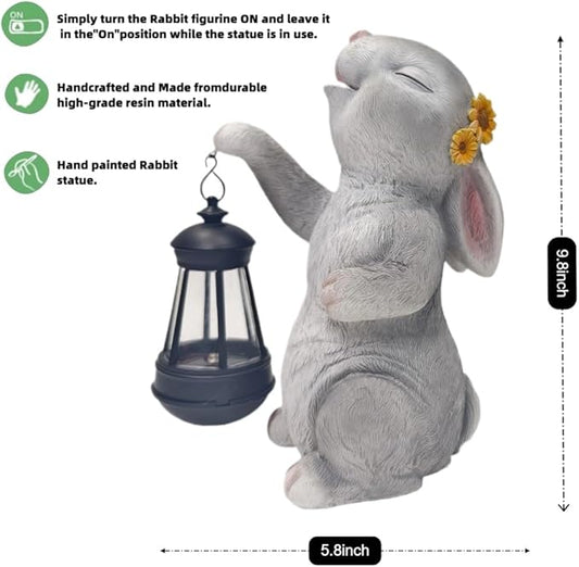 Garden Statue Solar Garden Decor Solar Rabbit with LED Light Outdoor Easter Decorations for Home, Patio, Yard,Lawn Ornaments Waterproof Resin Figurine Christmas Mother's Day Gifts(9.8 Inch)