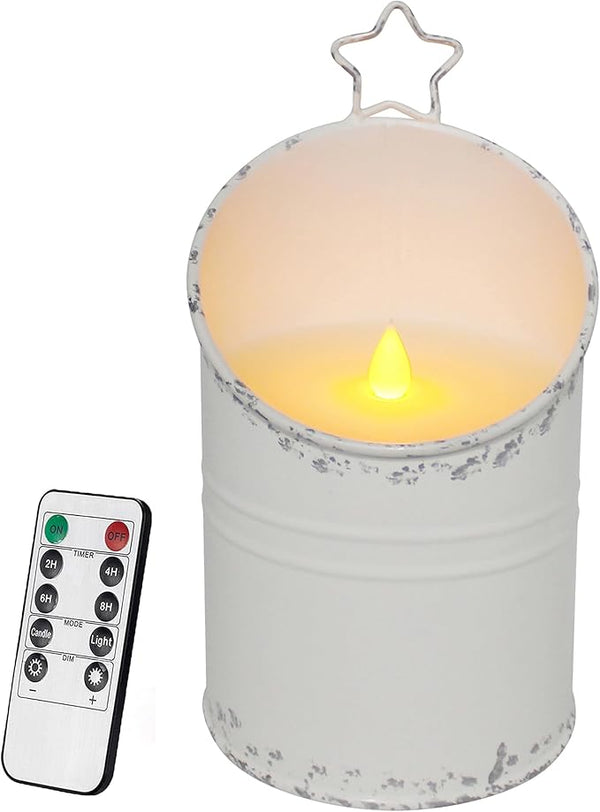 CVHOMEDECO. Vintage Galvanized Can Flameless LED Candle, Real Wax in Antique Galvanized Jar Flickering Candle with Remote Control for Tabletop Wall Decor. H 8 Inch, Cream
