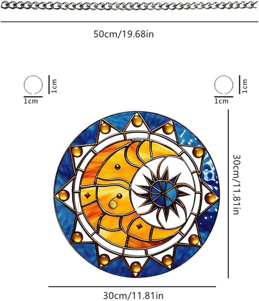 Sun and Moon Stained Window Hangings with Chain – Acrylic Retro Ornament for Garden, Patio and Indoor Decor, Housewarming Gift for Mom, Grandma and Space Lover