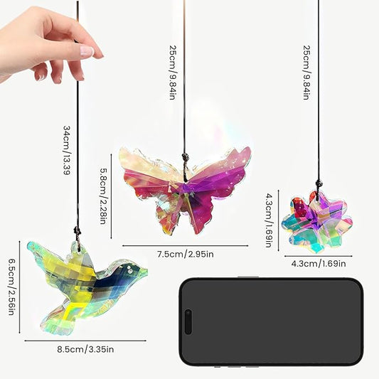 SNAIL GARDEN 3PCS Crystal Prism Suncatcher - Butterfly, Bird & Lucky Four-Leaf Clover, 1.69-3.35in Sun Catcher Crystals, Hanging Crystals for Windows, Patio, Yard, Home Garden