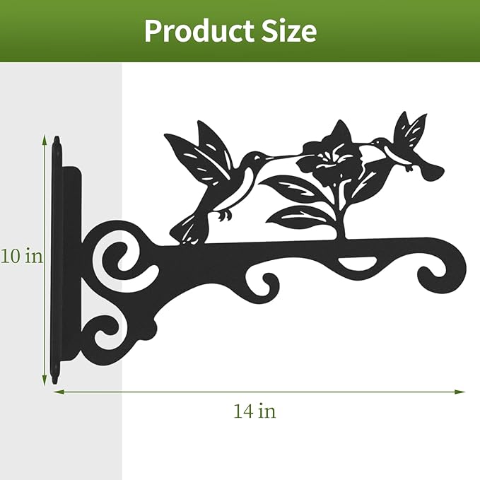 Elegant Bird Pattern Wall Hooks - 10/12/14 Inch Metal Plant Hangers for Indoor & Outdoor - Rust-Resistant Bracket for Plants, Feeders, Chimes, Lanterns (2, Black, 14 inch)