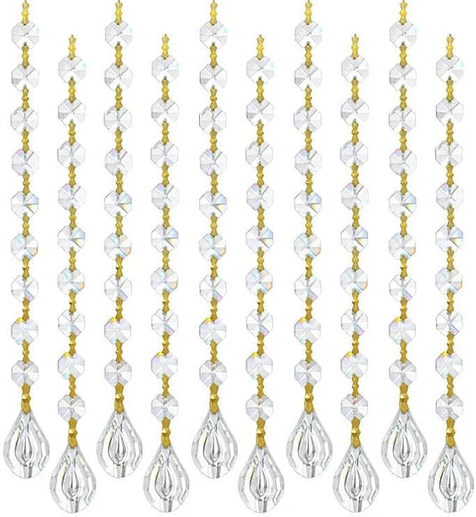 10pcs Crystal Garland Strands Crystal Lamp Beads Glass Loquat Prism Hanging Chandelier Beads Replacements Strings Christmas Wedding Decoration for Home Gold Pinning