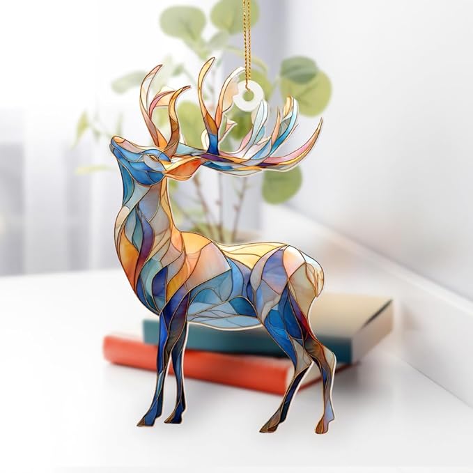 Stained Glass Deer Christmas Ornament 2025 โ Reindeer Tree Decoration, Acrylic Suncatcher Window Hanging, Holiday Home Dรฉcor & Gift for Wildlife Lovers(Sun-06)