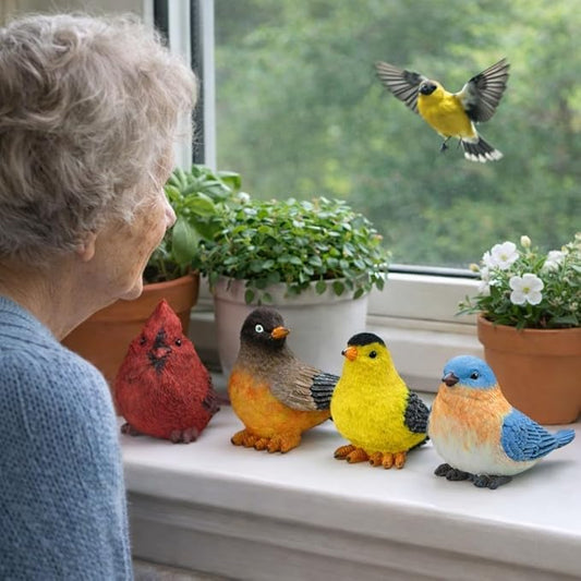 Songbird Garden Figurines Set of 4 – Cardinal, Bluebird, Goldfinch & Robin – Decorative Bird Statues for Home Décor, Spring Decorations, Crafting, Shelf Table Display – 3.75" W x 3" H