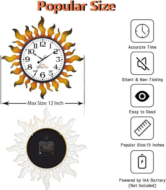 Outdoor Clock Silent Non-Ticking, 13" Sun Outdoor Wall Clock for Patio, Living Room, Home Decor(Gold)