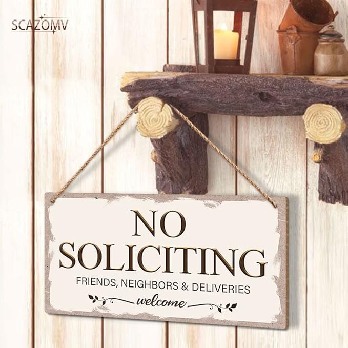 No Soliciting Family Friends Neighbors Deliveries Welcome Funny Rustic Wooden Front Door Sign Vintage Outdoor Wall Art Hanging Plaque for Porch Yard Store Home Farmhouse Decor 10''x 5''