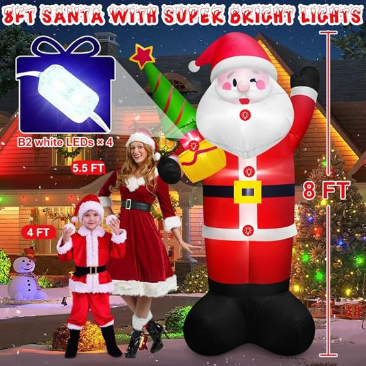 8 FT Tall Giant Santa Inflatable Christmas Decorations Outdoor Tree Blowups, Funny Cute Xmas Blow Up Yard Decoration Build-in LED Lights & Tethers Stakes Winter Holiday Indoor Party Garden Lawn Decor
