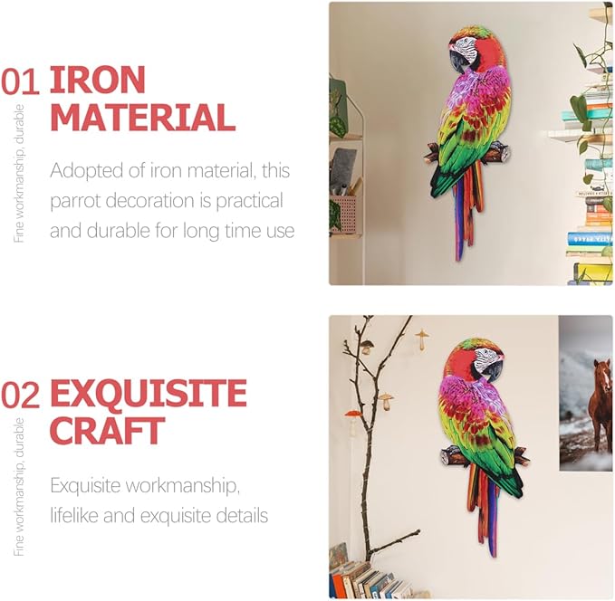 Didiseaon Colorful Tropical Macaw Wall Sculpture Parrot on Branch Statues Metal Art Hanging Ornament for Outdoor Garden Kitchen Decor
