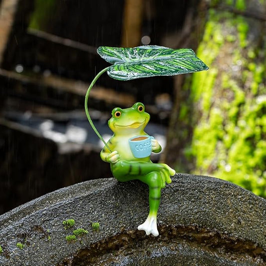 Adorable Animal Garden Statue with Umbrella - Charming Outdoor Decor for Yard, Patio, or Garden (Frog Drink Coffee)