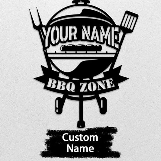 MeMate BBQ Zone Signs, Grill Sign to Personalize, Personalized Barbecue Metal Signs Kitchen Decor, Custom Name Outdoor Plaques for Backyard, Patio, Porch, Deck, Rustic Decorations for Man Cave