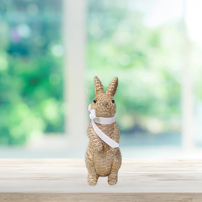 Rattan Rabbit Woven Rabbit Bow Resin Ornaments for Home Courtyard Lawn Tabletop and Easter Decoration to Enhance The Easter Atmosphere Preferred Easter Gifts (8.1in Brown Station)