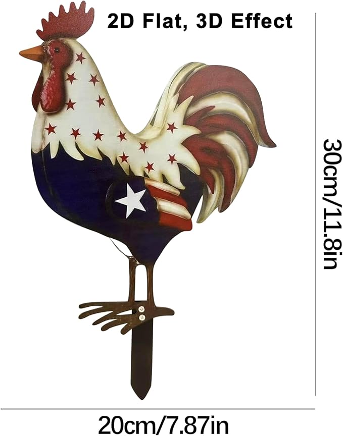 12 Inch Patriotic Metal Rooster Yard Decor 4th of July Outdoor Decorations 2D American Flag Red White and Blue Chicken Statue Iron Yard Sign for Garden Porch Independence Day Home Decor