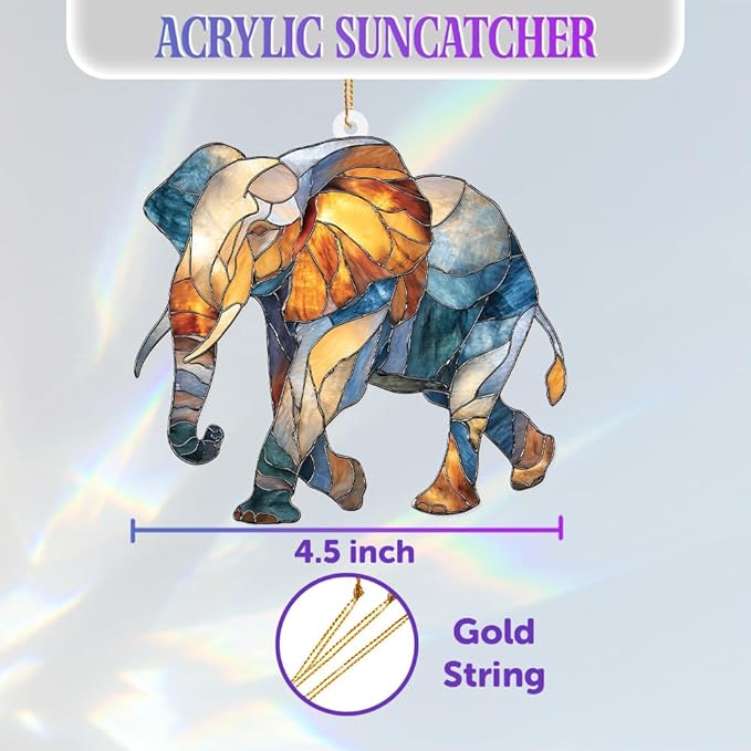 Elephant Ornament Stained Glass Style Acrylic โ Window Hanging Suncatcher, Elephant Gifts for Women, Wildlife Animal Decor, Rearview Mirror Ornament, Holiday Christmas Tree Decorations(Sun-27)