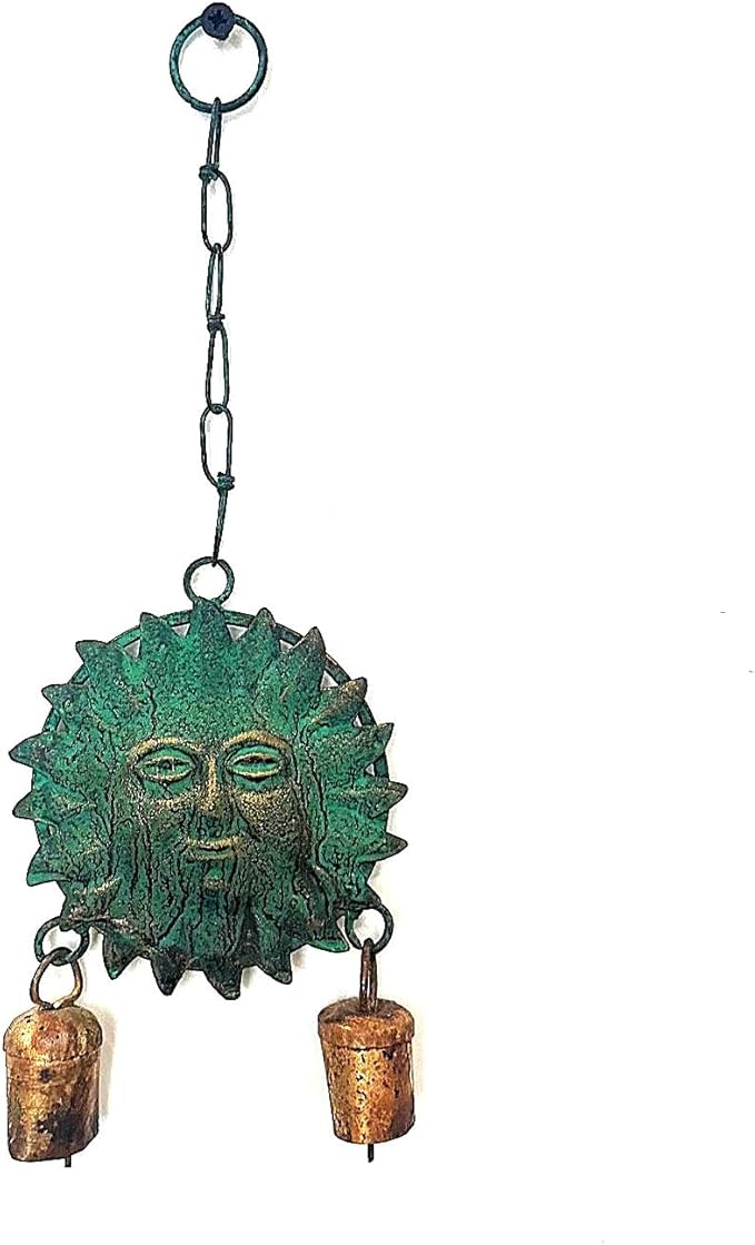 Metal Sun Wind Chime with Cow Bells โ 12.6" x 4.6", Green Patina & Copper Finish, Celestial Garden Decor for Patio, Porch, or Balcony