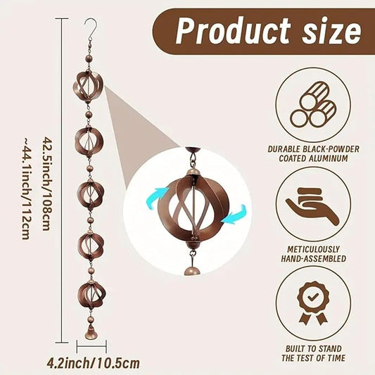 SamFansar 42.52 Inch Hanging Rain,Chain Rotating Fretwork Beads with Bell Rain Catcher for Gutters,Metal Drainage Rain Chain Pendant Downspout Tool for Outside, Decorative Your House and Garden Brown