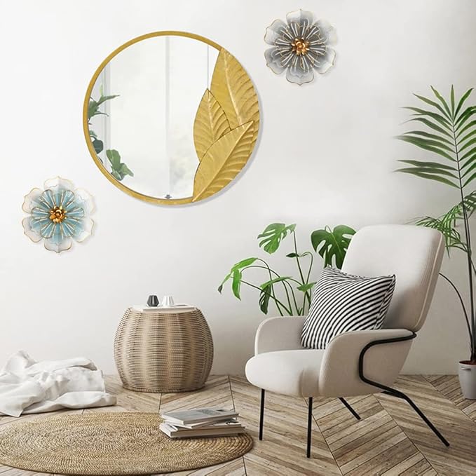 Metal Flower Wall Art Decor, 8.3''Rustic Modern Floral Sculpture, Distressed Iron Wall Hanging Home Decoration Accent Artworks for Indoor Kitchen Bedroom Living Office Outdoor Garden Patio-06 Blue Gold