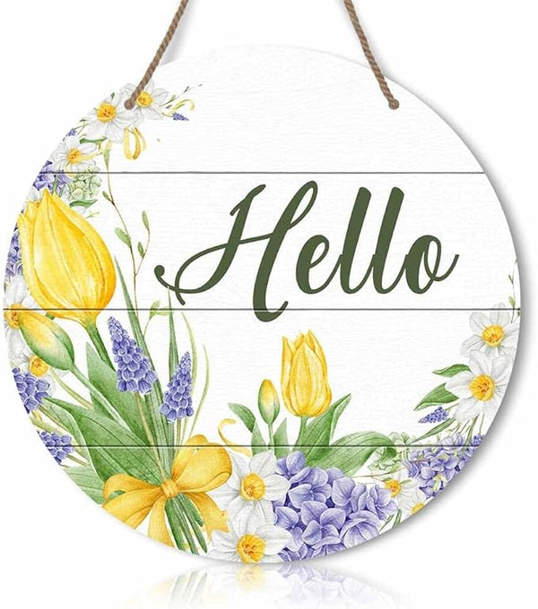 Round Rustic Wood Sign Plaque Hello Tulip Flower Hand-Painted Vintage Wall Door Art Sign Cute Wooden Hanging Sign Decor for Home Kitchen Farmhouse Garden Front Door Entryway Porch 12 Inch