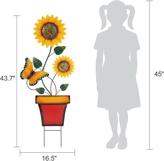 pearlstar Sunflower Decorative Garden Stake 44 Inches Large Metal Art Outdoor Yard Decor Flower Pot Design for Outside Garden Lawn Patio Proch Ornaments,Butterfly
