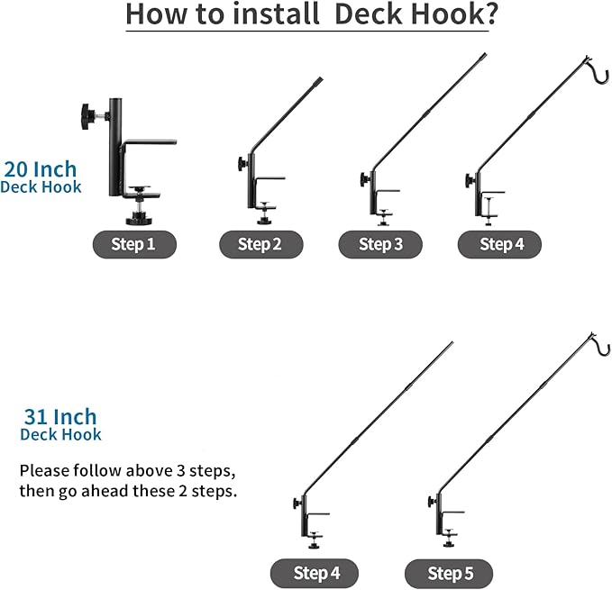 ULIOK 2 Pack Heavy Duty Deck Hook, 31 Inch Extended Adjustable, 360° Rotatable Arm Solid Rod, Solid Steel Deck Hangers for Hanging Bird Feeders, Plants, Planters, Suet Baskets, Lanterns, Wind Chime