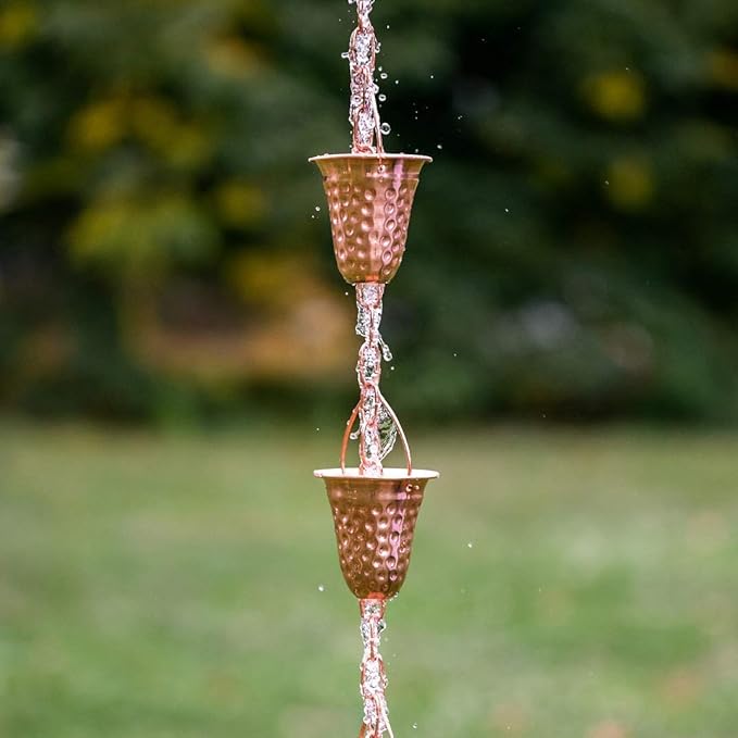 Copper Rain Chain w/Gutter Adapter – Decorative Chimes & Cups Replace Gutter Downspout & Divert Water Away from Home for Stunning Fountain Display – 6.5’ Long